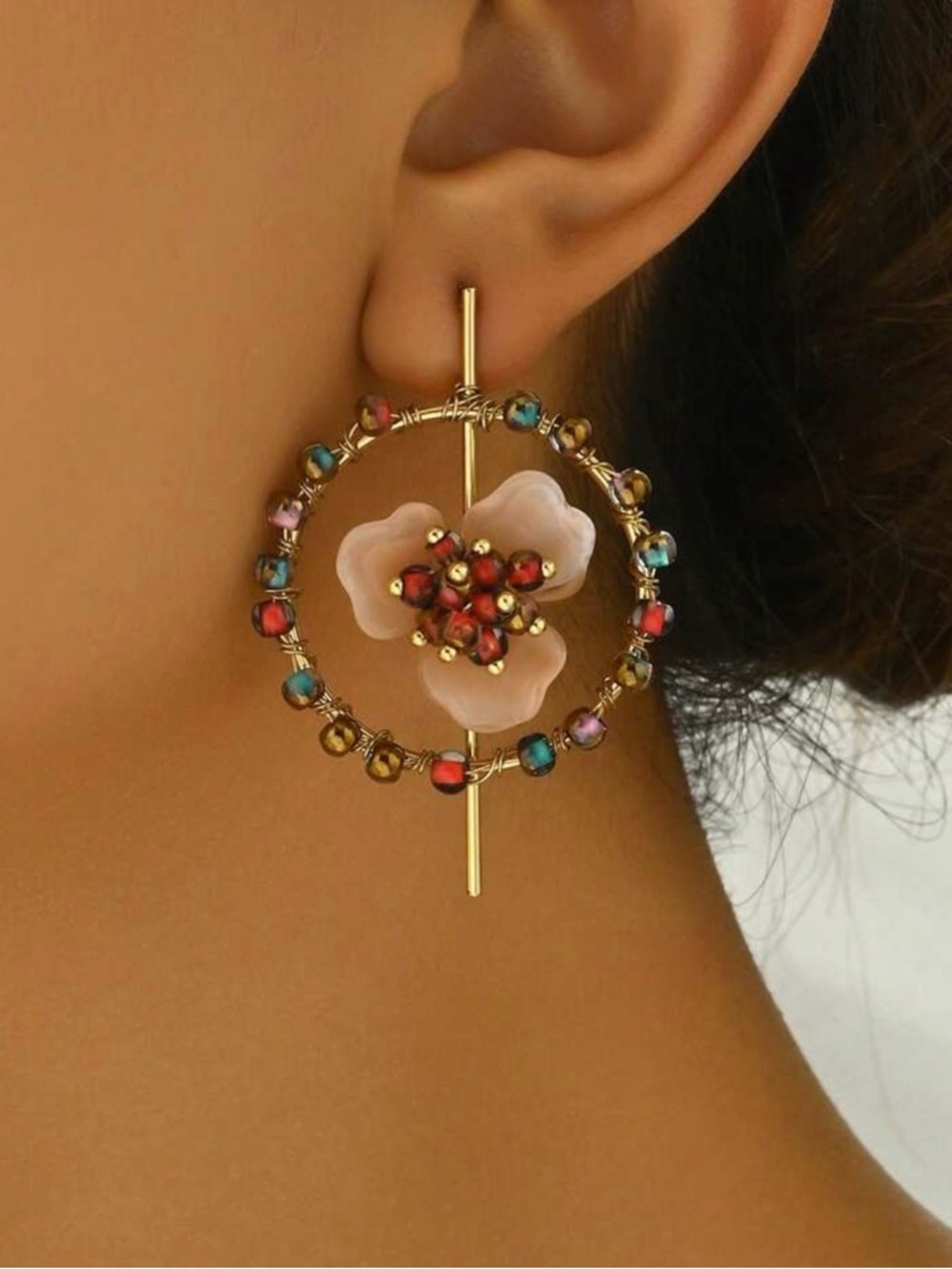 Gold Multi-Color Floral Hoop Earrings - Picture 3 of 4